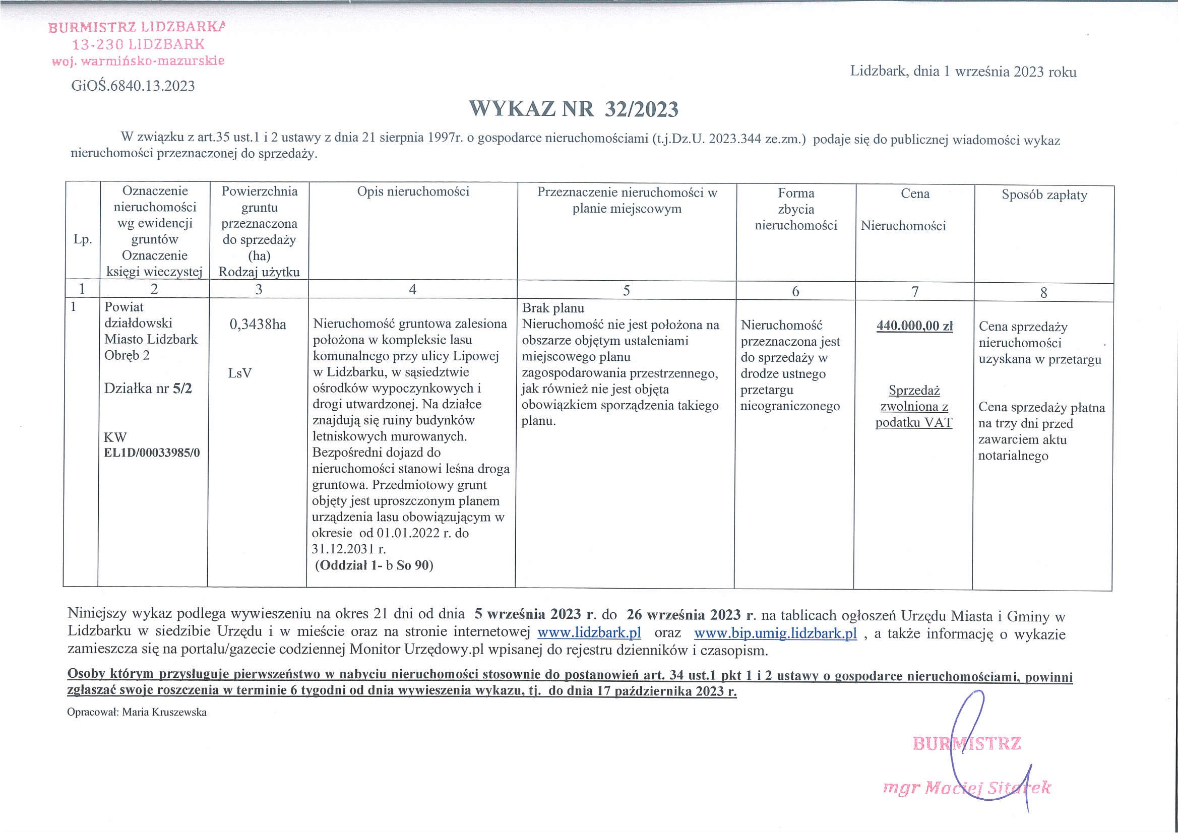 Wykaz Nr 32/2023 - Nieruchomość gruntowa do sprzedaży - Lidzbark dz. nr 5/2 obr. 2